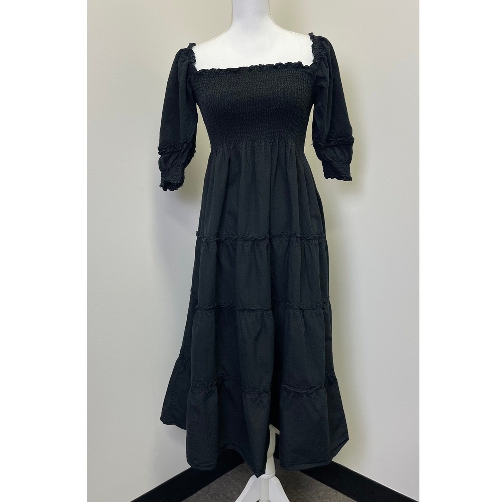 Hill House Home Athena Nap Dress Black XS Swiss Dot Smocked Whimsigoth